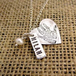 Custom Baby Footprint or Hand Print Necklace, Sterling Silver with Birthstone and Nametag