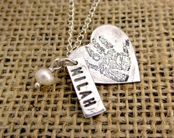 Custom Baby Footprint or Hand Print Necklace, Sterling Silver with Birthstone and Nametag