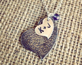 Couple's Fingerprint Necklace- Whimsical Heart, Sterling Silver or Fine Silver