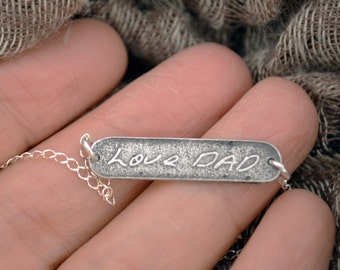 Loved One's Actual Handwriting Bar Necklace, Fine Silver (99.9%FS)