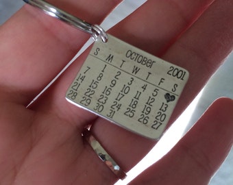 Anniversary Date Key chain Front & Back, Sterling Silver (.925) or Fine Silver (.999)
