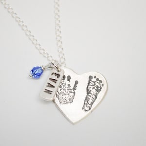 Custom Baby Footprint & Hand Print Necklace, Sterling Silver with Birthstone and Nametag