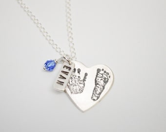 Custom Baby Footprint & Hand Print Necklace, Sterling Silver with Birthstone and Nametag