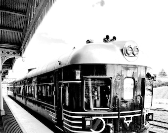 Vintage Train at Old-Fashioned Station Print – Black and White Railway Art