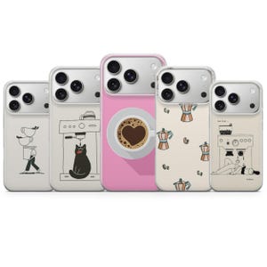 May include: Five smartphone cases featuring coffee-themed designs. One shows a person carrying stacked cups, another a cat by an espresso machine, a third a pink background with a coffee cup, a fourth with moka pots, and the last with text "But first... Coffee".