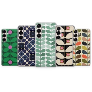 May include: Five smartphone cases arranged in a row, each featuring a distinct floral or leaf-inspired pattern. The designs include green, navy blue, light green, cream, and multicolored botanical motifs, all with a vertical orientation.