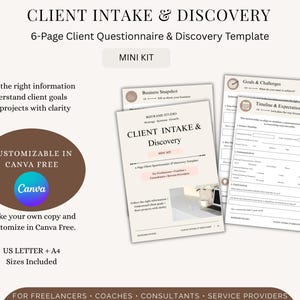Puede incluir: Un kit de plantilla de cuestionario de cliente de 6 páginas para admisión y descubrimiento. Los documentos incluyen secciones para objetivos, desafíos y cronogramas. El diseño es personalizable en Canva e incluye tamaños US Letter y A4.