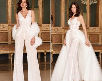 Tuta da sposa di lusso convertibile in pizzo, completo pantalone da sposa a gamba larga con sopragonna in tulle removibile, due look in uno, taglia personalizzata.
