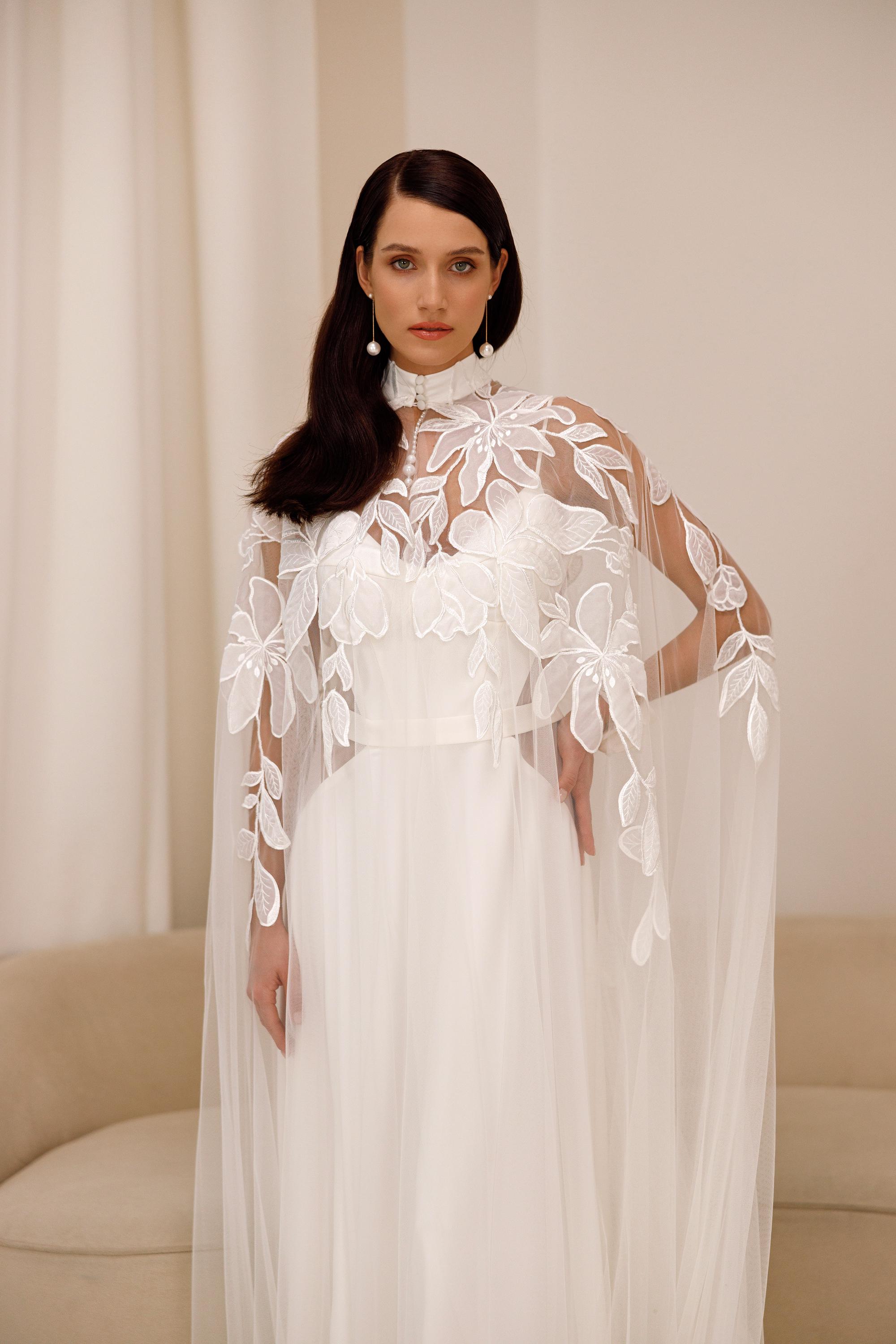 Ivory Lace Bridal Cape with Train, Wedding Dress Topper, Fairy Wedding Dress Cover Up, Tulle Cape for Church Ceremony
