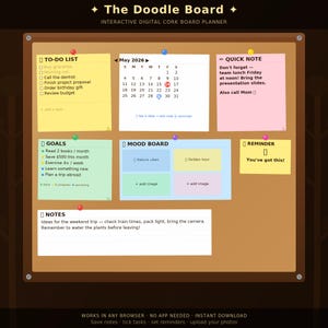 Peut inclure: Le Doodle Board, un planificateur numérique interactif en forme de tableau de liège, comprend un calendrier de mai 2026, une liste de tâches, des notes rapides, des objectifs, un tableau d'humeur, un rappel et une zone de notes avec des punaises.