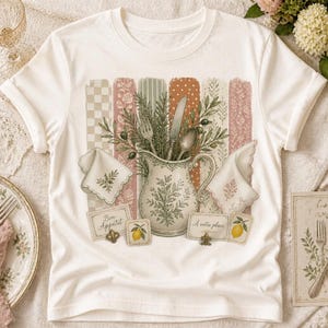 Pode incluir: Uma t-shirt cor de creme com um gráfico central de um jarro cheio de ervas e talheres, ladeado por dois guardanapos. O design inclui faixas verticais estampadas, dois pequenos cartões com o texto Bon Appétit e A votre place, e ilustrações de limões.