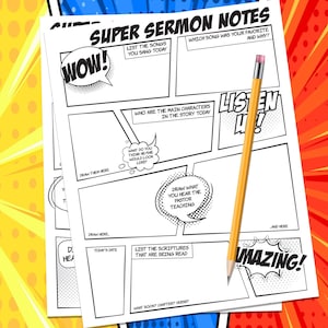 Children's SUPER Sermon Notes. PDF printable. Worksheets. Scripture. Lesson. Instant download. Comic book