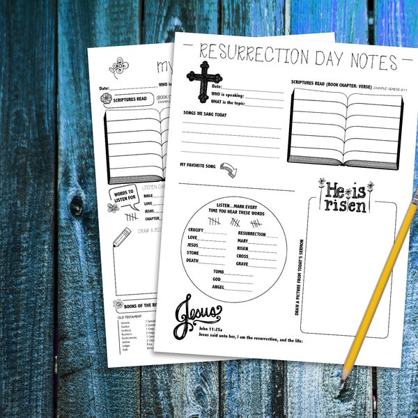 Children's Resurrection Spring Sermon Notes. PDF printable. Worksheet. Scripture. Lesson. Instant download.