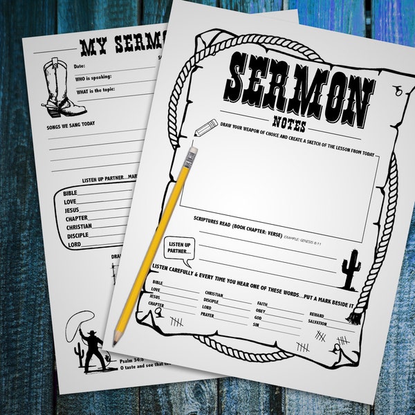 Children's Cowboy Sermon Notes. PDF printable. Worksheet. Scripture. Lesson. Instant download.