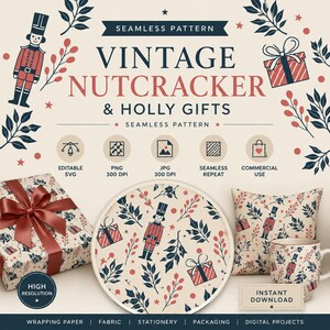 Christmas Wrapping Paper Seamless Pattern, Vintage Nutcracker Bows, SVG PNG JPG