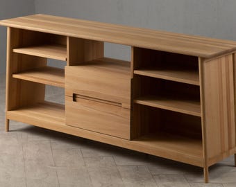 Massief houten moderne tv-meubel uit het midden van de eeuw, minimalistische eiken consoletafel, Scandinavisch woonkamermeubilair, handgemaakt dressoir