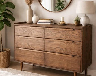 Mid Century Moderne Massivholz Kommode, 6 Schubladen Schlafzimmer Kommode, Minimalistische Nussbaum Möbel, Skandinavische Retro Wohndeko