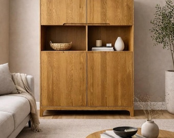 Mobile contenitore minimalista scandinavo in legno di quercia naturale, credenza in stile giapponese, libreria moderna in legno, arredamento boho per la casa.