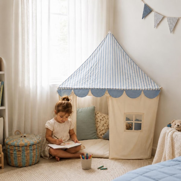 Blue Striped Kids Reading Nook Tent, Wall Hanging Cotton Canvas Reading Corner, Cozy Playroom Canopy，Personalized Gift Idea for Children