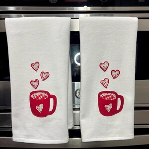 Valentine’s Day Kitchen or Bath Hand Towel, Appliqued Coffee Mug Towels, Java Mug Towels, Valentine Kitchen Decor, Friendship Day