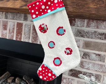 Calcetín navideño de chenilla caprichoso, rojo y verde azulado, estilo vintage