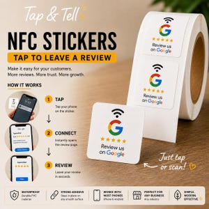 May include: A roll of square white NFC stickers featuring the Google logo, a Wi-Fi symbol, five yellow stars, and the text Review us on Google. The image includes instructional graphics showing a smartphone tapping the sticker to open a review page.