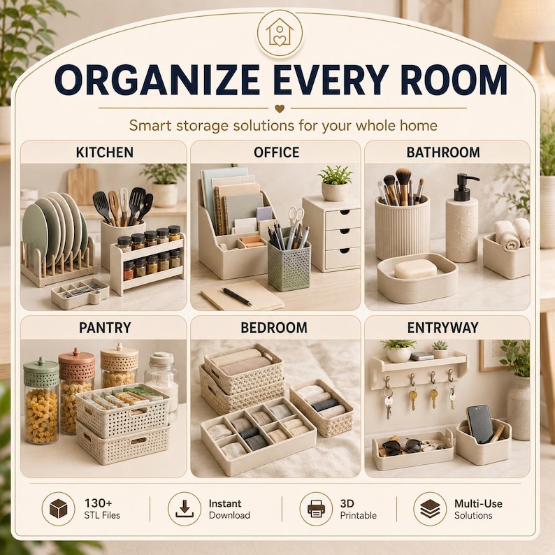 May include: A collection of 3D printable storage organizers for the kitchen, office, bathroom, pantry, bedroom, and entryway. The image displays various beige containers, shelves, and bins, with text reading ORGANIZE EVERY ROOM and 130+ STL Files.