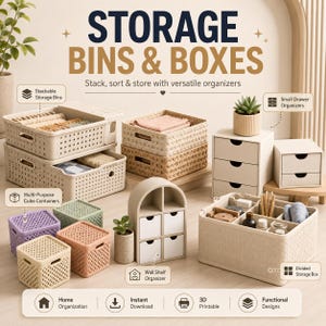 May include: A collection of storage bins and boxes in various shapes and sizes, including stackable containers, drawer organizers, and a wall shelf organizer. The items are beige, white, purple, green, and peach, featuring lattice patterns.