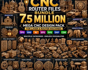 CNCルーターファイルバンドル 750万 – レーザーおよびルーターマシン用メガCNCデザインパック、DFS SSG Aı EPSファイル、複数カテゴリのCNCパターン