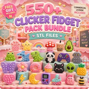 Puede incluir: Una colección digital de más de 550 diseños de juguetes fidget de clic en varias formas, incluyendo animales, comida y objetos. El paquete incluye archivos STL para impresión 3D, con artículos coloridos como un dinosaurio, panda, robot y mando de juego.