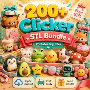 Könnte beinhalten: Eine digitale Sammlung von 200+ druckbaren Spielzeugdateien im Clicker STL Bundle mit 3D-Illustrationen von Bär, Pinguin, Boba-Tee, Katze, Frosch, Küken, Kuh, Pilz, Avocado, Stern, Bonbon, Roboter, Blume und Cupcake mit Textbeschriftungen.