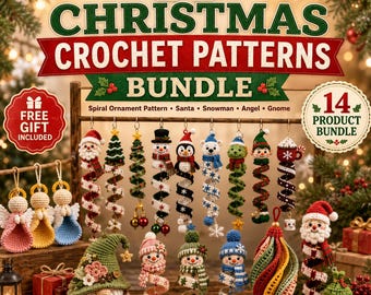 クリスマスかぎ針編みパターン14種類セット、クリスマスオーナメントパターン、スパイラルオーナメントパターン、サンタ、雪だるま、天使、ノーム