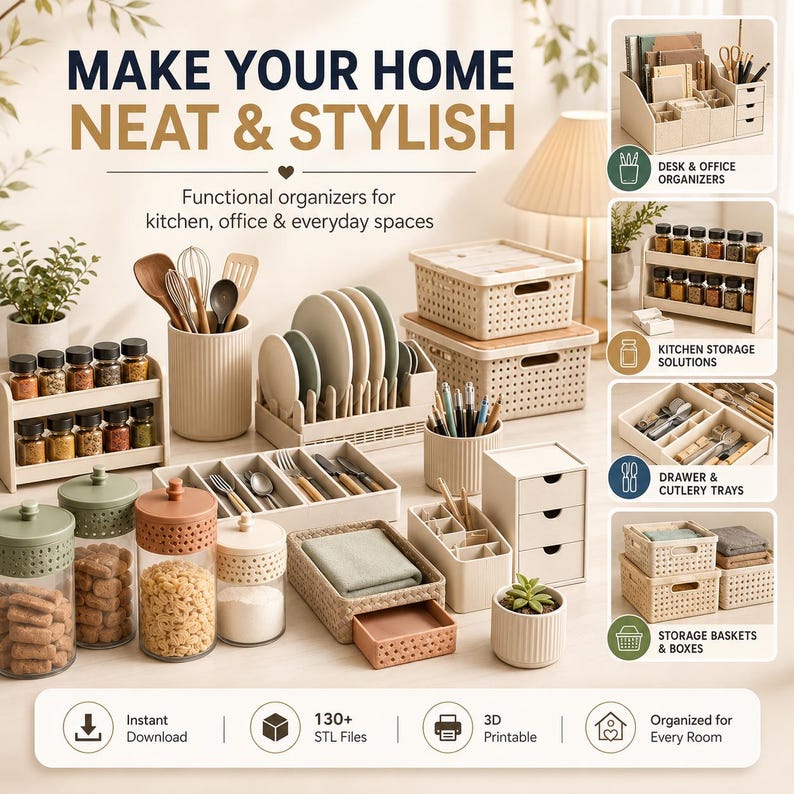May include: A collection of beige, green, and terracotta plastic organizers including a dish rack, utensil holder, spice rack, storage bins, and glass jars with lids. Text reads: MAKE YOUR HOME NEAT & STYLISH. Functional organizers for kitchen, office & everyday spaces.