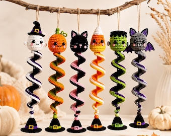 ハロウィンの螺旋模様のオーナメントかぎ針編みパターン集（PDF）｜幽霊、魔女の帽子、カボチャ、黒猫、キャンディコーン、コウモリ、フランケンシュタイン｜風車飾り