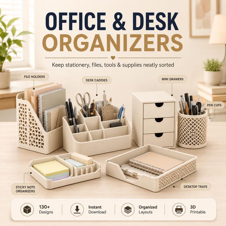 May include: A collection of beige office and desk organizers including a file holder, desk caddy, mini drawers, pen cup, sticky note organizer, and desktop tray. The text reads OFFICE & DESK ORGANIZERS, Keep stationery, files, tools & supplies neatly sorted.