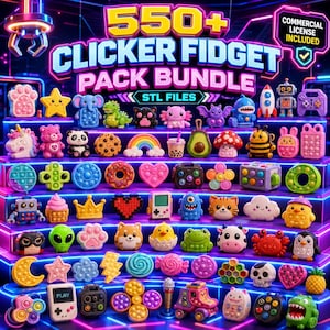 May include: A digital collection of 550+ clicker fidget toy designs presented as a bundle of STL files. The image displays a wide variety of colorful, small, plastic-like figures including animals, food items, shapes, and game controllers.