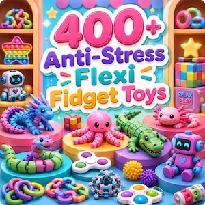 May include: A collection of colorful plastic fidget toys including a blue dragon, pink octopus, green alligator, and robots. The text 400+ Anti-Stress Flexi Fidget Toys is displayed in large, bold, multi-colored letters against a bright background.