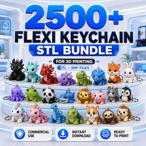 May include: A digital collection of 2500+ flexi keychain STL files for 3D printing, featuring various colourful animal characters like dragons, a panda, a lion, a shark, and a unicorn, with text labels for commercial use and instant download.