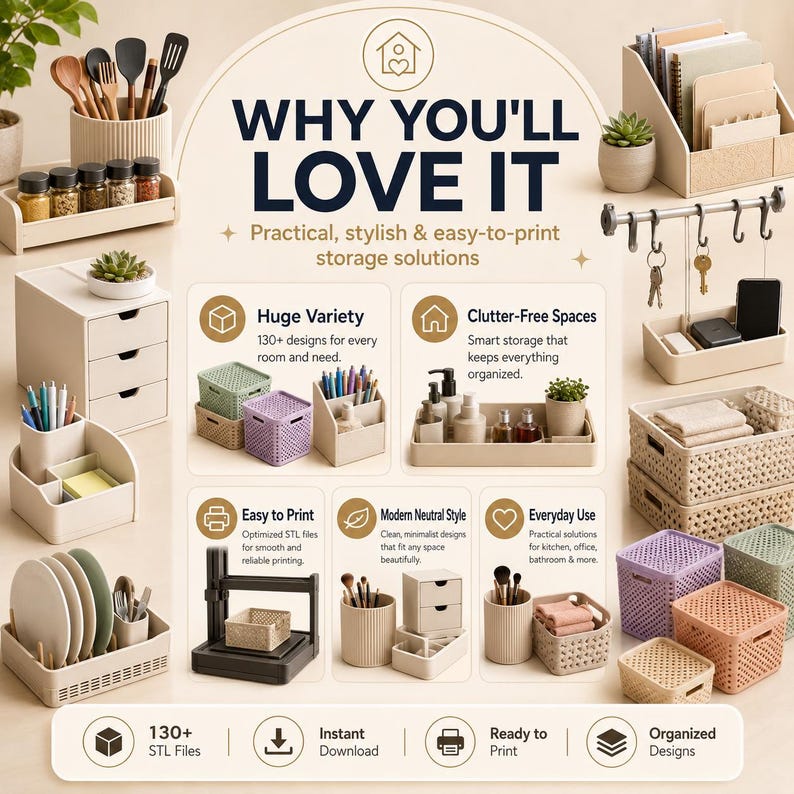 May include: A collection of beige, cream, and pastel-colored plastic storage organizers, including desk caddies, small drawers, woven-style baskets, and utensil holders, displayed with text overlays detailing 3D printable storage solutions.