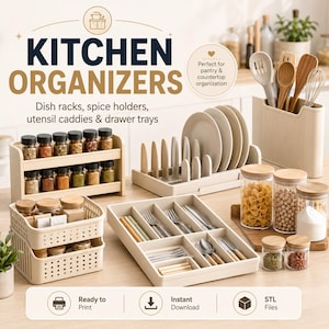 May include: A collection of beige kitchen organizers including a two-tier spice rack with glass jars, a dish drying rack, a utensil caddy, two stackable storage baskets, a divided cutlery tray, and three glass canisters with wooden lids.