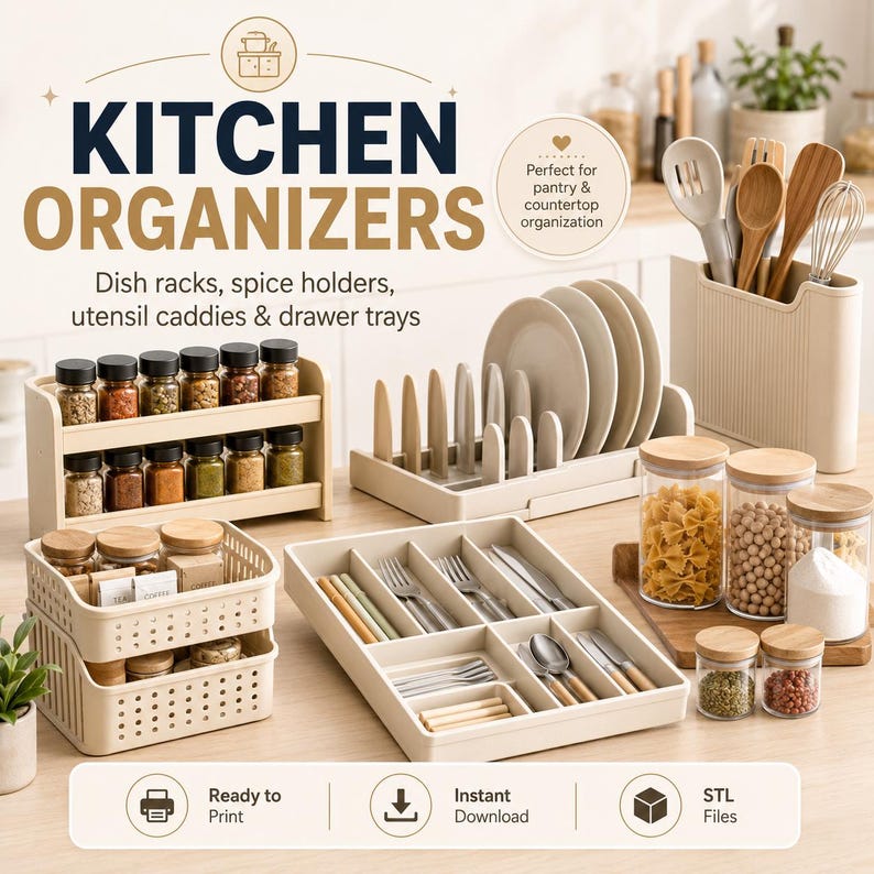 May include: A collection of beige kitchen organizers including a two-tier spice rack with glass jars, a dish drying rack, a utensil caddy, two stackable storage baskets, a divided cutlery tray, and three glass canisters with wooden lids.