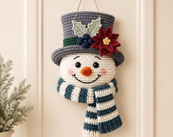 かぎ針編みの雪だるまの壁掛けパターン、クリスマスのドア飾り、あみぐるみ雪だるまのPDF、冬のホリデーのかぎ針編みパターン、手作りの装飾