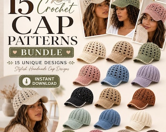 15 Crochet Cap Patterns Bundle | Lace Baseball Hat | Summer Crochet PDF Download