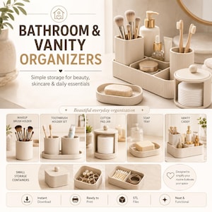 May include: A set of beige, ribbed bathroom and vanity organizers including a makeup brush holder, toothbrush holder, soap tray, cotton pad jar, and storage containers. The text reads BATHROOM & VANITY ORGANIZERS, Simple storage for beauty, skincare & daily essentials.