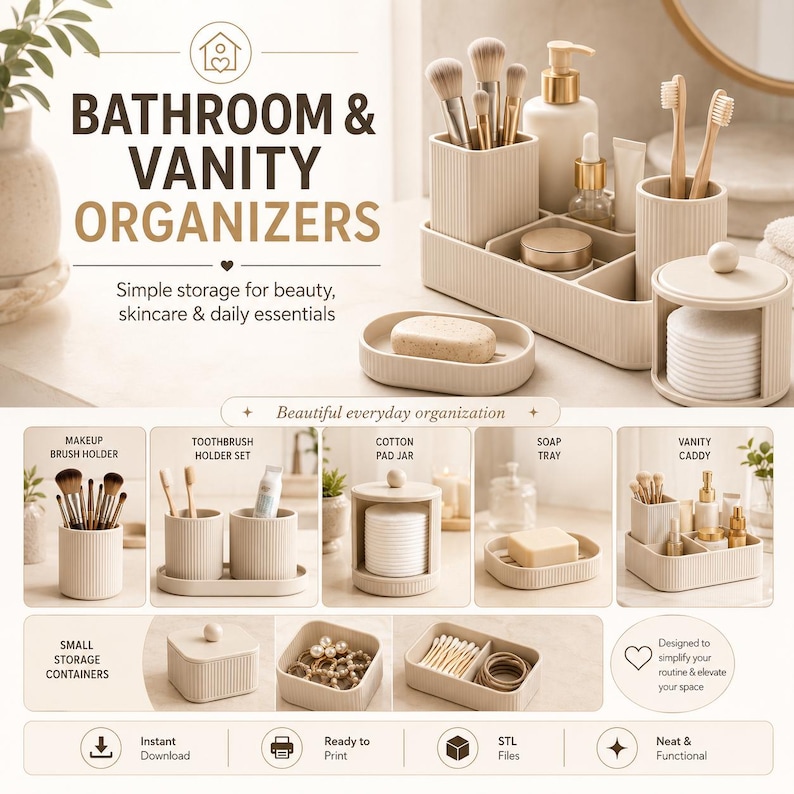 May include: A set of beige, ribbed bathroom and vanity organizers including a makeup brush holder, toothbrush holder, soap tray, cotton pad jar, and storage containers. The text reads BATHROOM & VANITY ORGANIZERS, Simple storage for beauty, skincare & daily essentials.