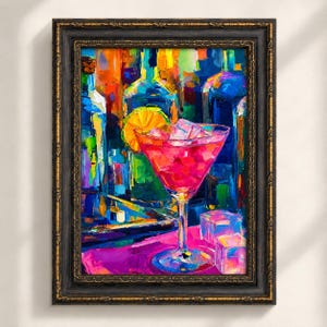 Gerahmtes Cocktail Wandbild, Bunter Rosa Martini Druck, Maximalistische Hausbar Dekoration, Schwarzgold Verzierter Rahmen, Geschenk für Cocktail Liebhaber