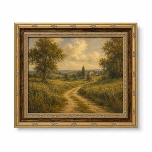 May include: A framed landscape painting shows a dirt track leading through a field towards a distant house. The artwork has a golden frame with detailed ornamentation. The sky is filled with clouds, and trees line the path, creating a tranquil countryside scene.