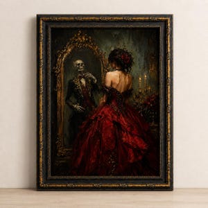 Framed Gothic Woman Wall Art, Red Dress Skeleton Mirror Print, Dark Romantic Decor, Black Gold Frame