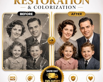Servizio di restauro di vecchie foto, riparazione di foto danneggiate, colorazione di foto in bianco e nero, rimozione di graffi e macchie, miglioramento fotografico, riparazione digitale.