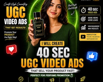 Annunci video UGC personalizzati basati sull'IA, video promozionale di prodotto di 40 secondi, portavoce IA, marketing sui social media, contenuti UGC Reel, creatività pubblicitaria per l'e-commerce.
